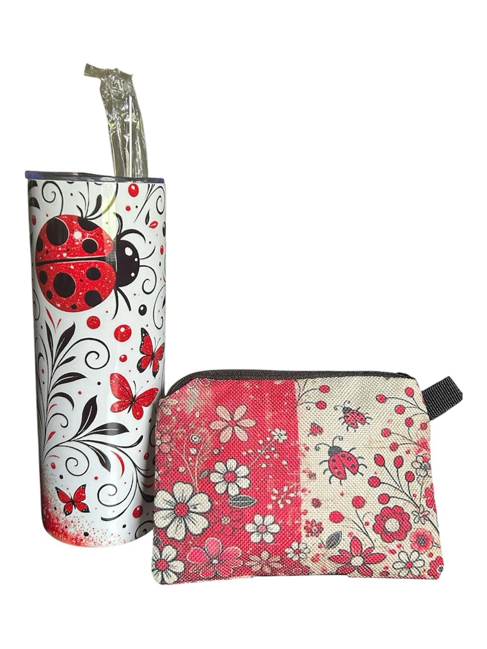 Ladybug Pattern Stainless Steel Tumbler with Straw & a Vintage Ladybug pouch,